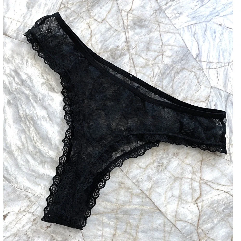 Black Floral Sheer Lace Thong Scalloped Eyelash Trim Pink Bow Low Rise Lingerie